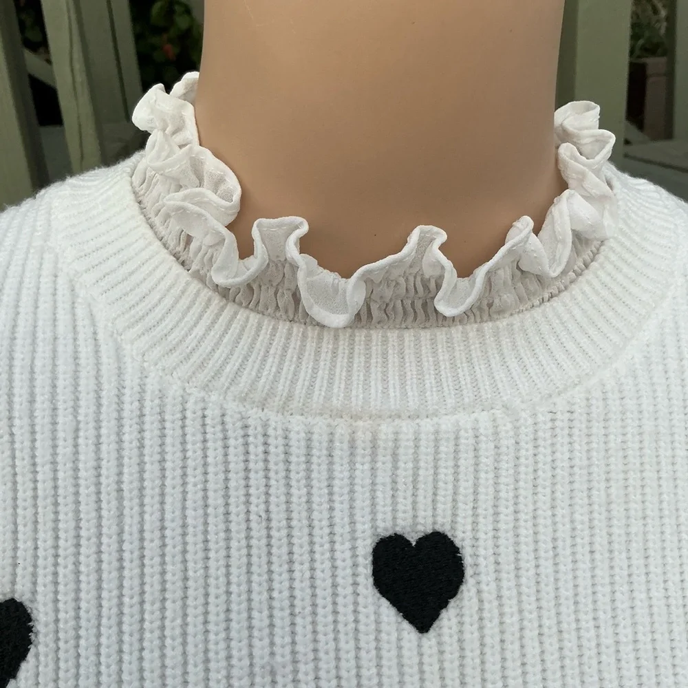Anthropologie White Scoop Neck Sweater with Black Heart Print Sz Small